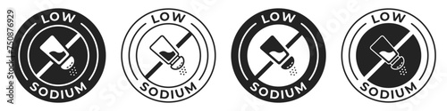 Low sodium label. Salt free icon. Sodium free illustration for product packaging logo, sign, symbol or emblem. Zero salt badge isolated.