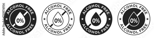 Alcohol free label. Nonalcoholic badge. Zero percent of alcohol illustration for product packaging icon, logo, sign, symbol or emblem isolated.