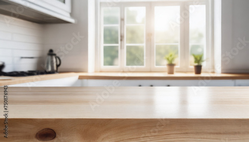 Grunge natural wooden table top with copy space for product advertising over blurred kitchen background at home  © anandart