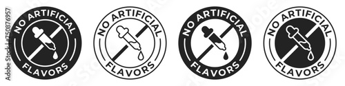 No artificial flavors label. Artificial flavors free illustration for product packaging logo, sign, symbol, badge or emblem. Chemicals free certified icon isolated. photo
