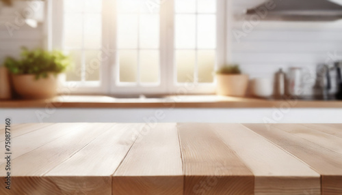 Grunge natural wooden table top with copy space for product advertising over blurred kitchen background at home
