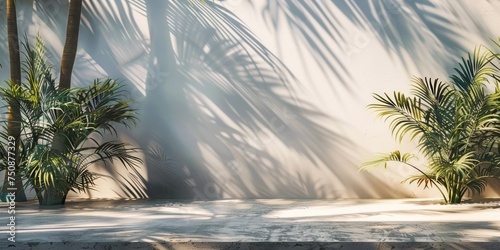 Ephemeral dance of light and shadow amongst indoor palms, soothing and artistic