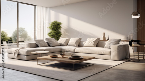 A modern living room with a grey sofa, minimalistic furniture, and a white shag rug © Textures & Patterns