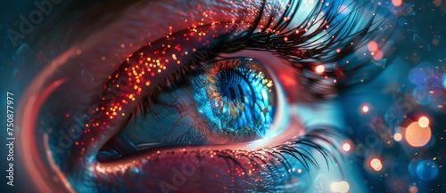 Detailed view of a human eye, showing intricate patterns and shades of blue.