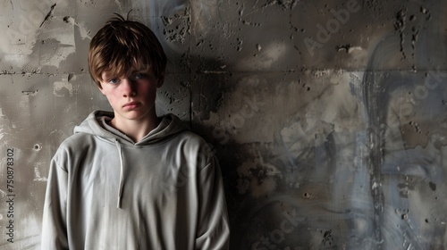 Portrait of Homeless Teenager in Grey Jumper Against Stone Wall