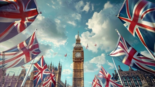 Big Ben with British flags, London, UK. Illustration. Ai generative. photo