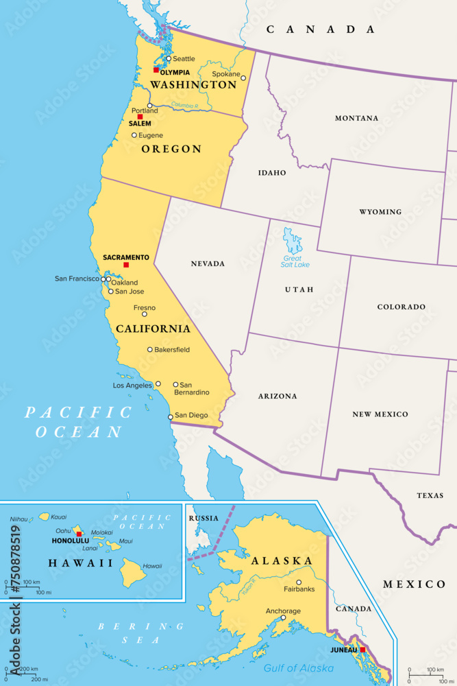 West Coast Region Of The United States With Alaska And Hawaii 