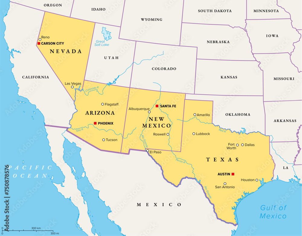 Southwest region of the United States, political map. States of the American Southwest or simply Southwest. Geographical and cultural region, bordered by Mexico. Arizona, New Mexico, Nevada and Texas.