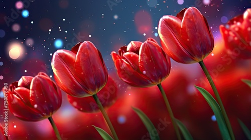 Group of Red Tulips With Water Droplets
