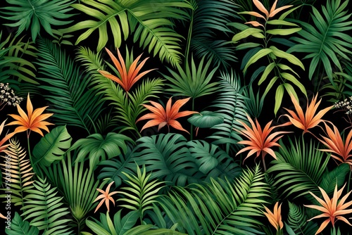 tree leaves background, A lush tropical garden bursting with rainforest foliage plants, including ferns, palms, philodendrons, and various tropical plants, set against a dramatic black background