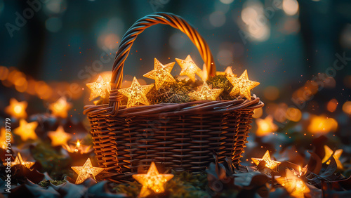 A fabulous basket with glowing  golden stars