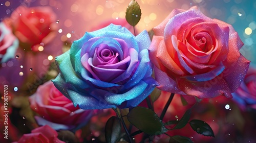 Three Colorful Roses With Water Droplets