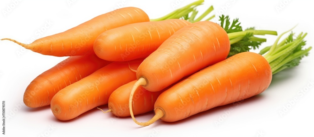 A close-up view of a stack of carrots piled on top of each other on a clean, white backdrop. The carrots are fresh, vibrant, and neatly arranged in a vertical fashion. A close-up view of a stack of carrots piled on top of each other on a clean, white backdrop. The carrots are fresh, vibrant, and neatly arranged in a vertical fashion.