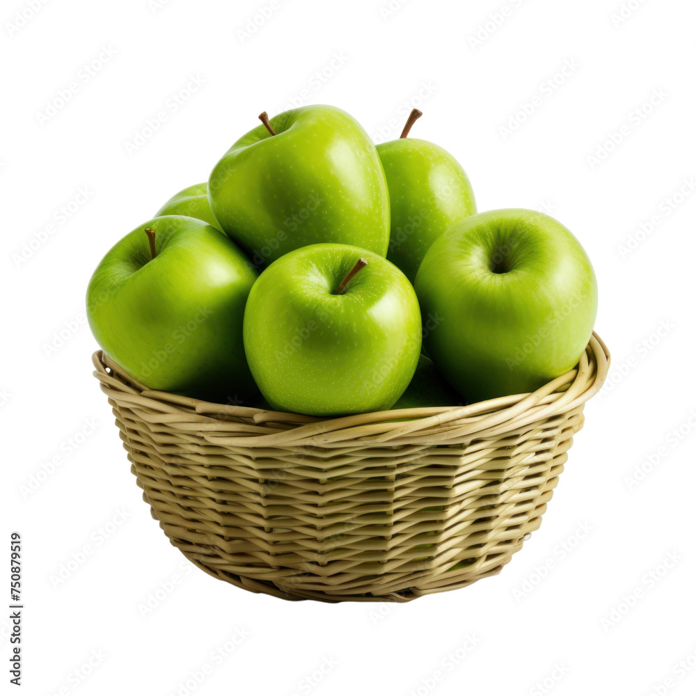 Fresh green apples in wicker isolated on transparent background Fresh green apples in wicker isolated on transparent background
