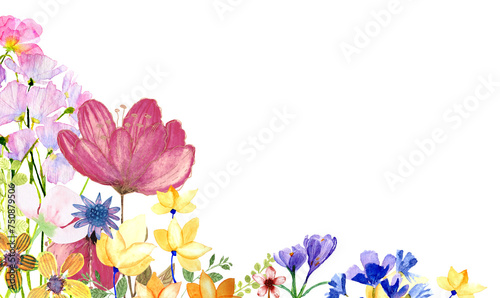 Fioritura di primavera, banner con fiori misti ad acquerello