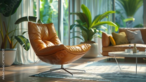 Elegant leather armchair in a contemporary living room bathed in natural light