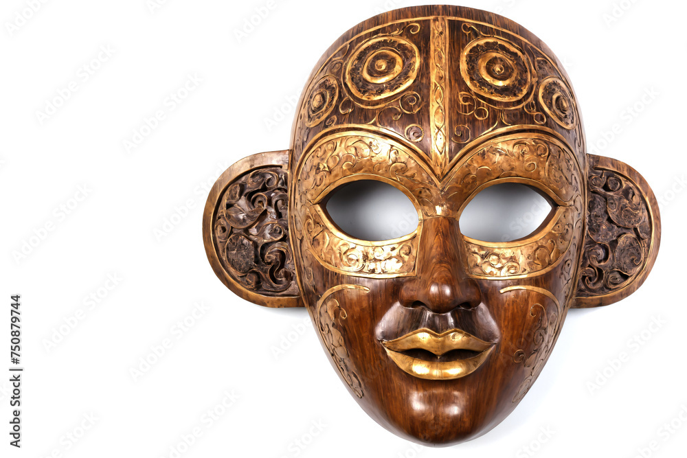 Traditional carved wooden mask isolated on white background with copy space