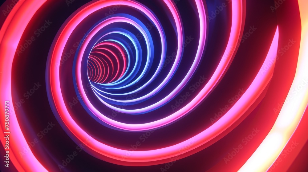 Fototapeta premium A vibrant spiral tunnel of red and blue neon lights, symbolizing futuristic technology, innovation, and the digital world. Ideal for concepts related to cyberspace and virtual reality,