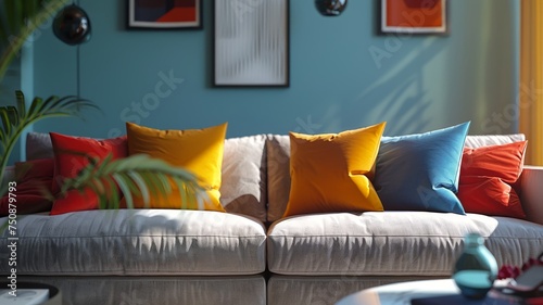 Modern living room with vibrant cushions on a plush grey sofa offers a relaxed atmosphere