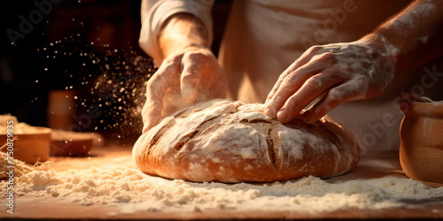 Close-up shots of a baker's hands expertly kneading dough, shaping bread .