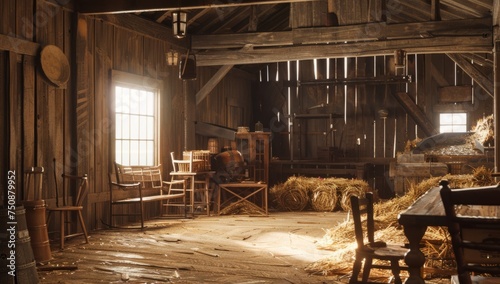 the room is filled with wooden furniture inside a hay barn Generative AI