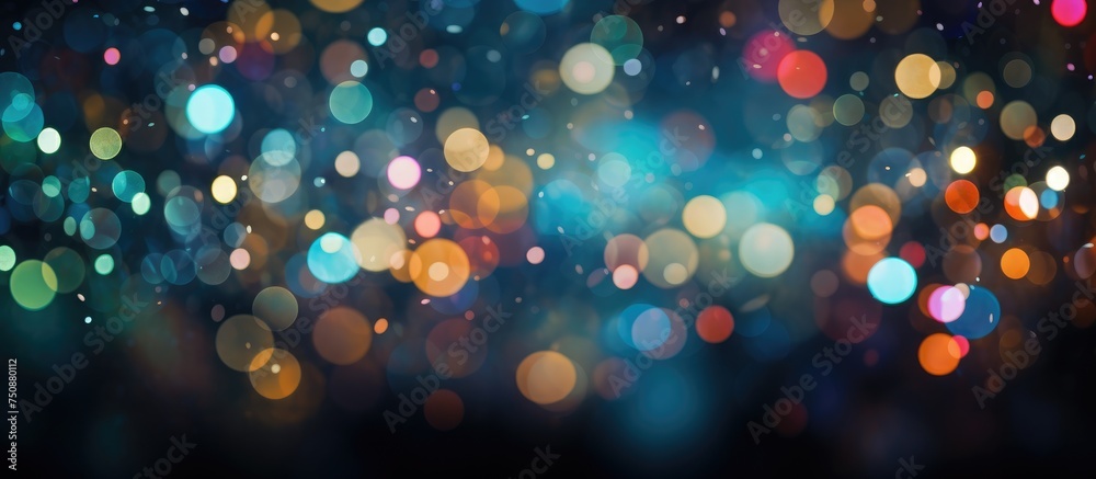 This abstract black background showcases a multitude of colorful lights that appear blurred, creating a soft and mesmerizing bokeh effect. The lights seem to dance and twinkle, adding a vibrant and