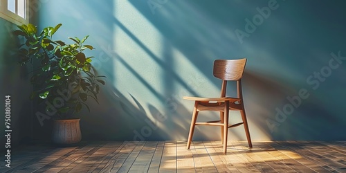 Wooden chair by the desk bathed in soft light invites a sense of calm and focus.
