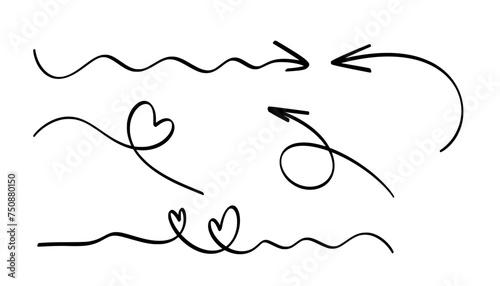 Hand drawn arrow and heart symbol perfectly wavy style, 5 different items, editable vector format. (Extended License) Recommended for unlimited usage.