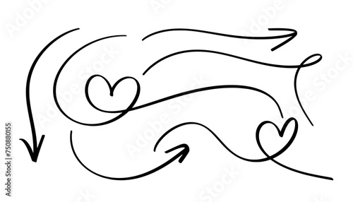 Hand drawn arrow and heart symbol perfectly wavy style, 6 different items, editable vector format. (Extended License) Recommended for unlimited usage.