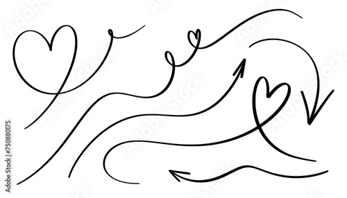 Hand drawn arrow and heart symbol perfectly wavy style, 6 different items, editable vector format. (Extended License) Recommended for unlimited usage.