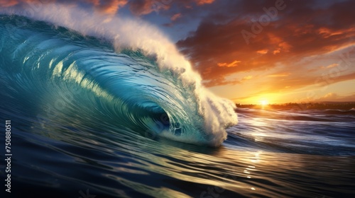 Blue Ocean big wave Crashing at sunrise