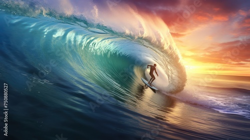 Surfer on Blue Ocean Wave Getting Barreled at Sunrise © inthasone