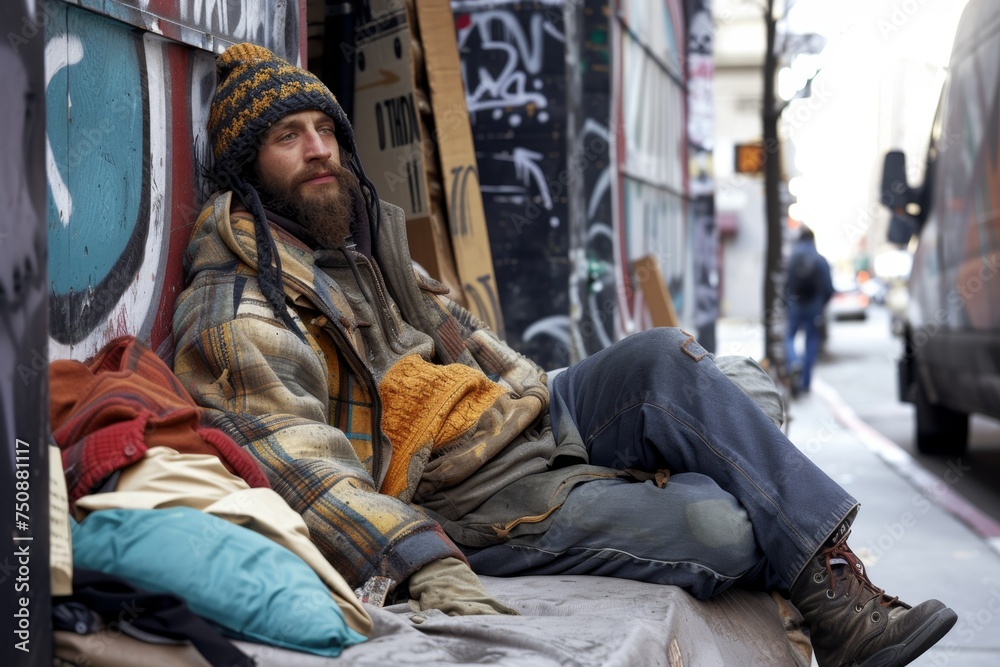 a homeless man on a city street. A Lonely Homeless Man