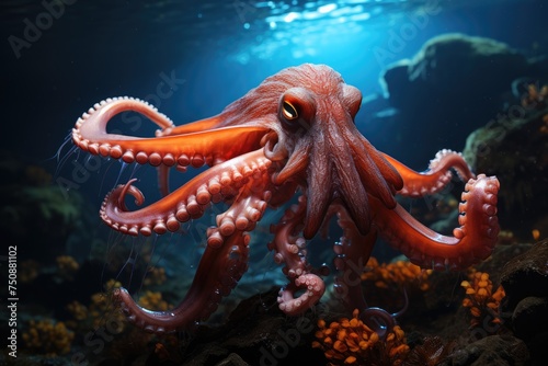 Night octopus emerging from the ocean depths., generative IA © JONATAS