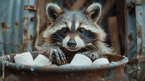 Curious raccoon peeks from a metallic surface, captivating with its bright gaze