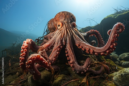 Mythological octopus dominates wrecks with tentacles, mystical symbols around., generative IA