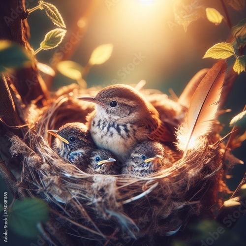 Chicks sitting in a nest against the background of sunlight.