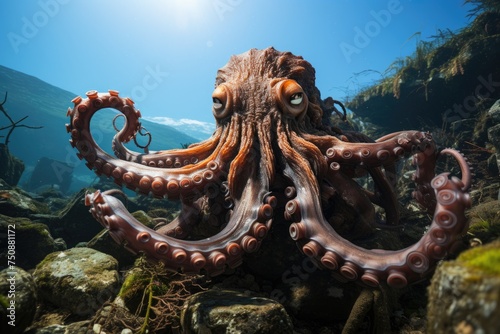 Mythological octopus dominates wrecks with tentacles, mystical symbols around., generative IA © JONATAS