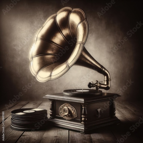 An old thunderphone and a stack of phonograph records next to it.