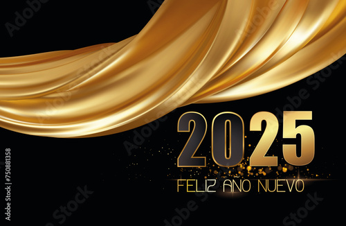 tarjeta o pancarta para desear un feliz año nuevo 2025 en negro y dorado con una cortina de tela dorada sobre un fondo negro con círculos en efecto bokeh