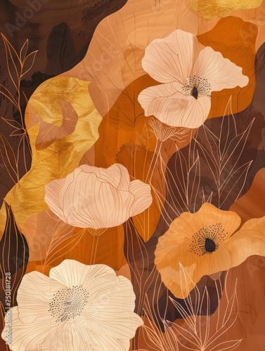 A painting depicting various flowers in full bloom against a solid brown background. The flowers are vibrant and detailed, adding a splash of color to the earthy backdrop.