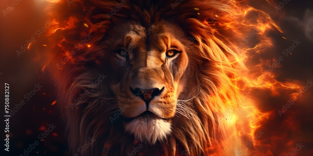 Closeup image of a majestic lion with flames emanating from its mane. Concept Lion Photography, Flame Effects, Close-up Shot, Majestic Wildlife Portrait