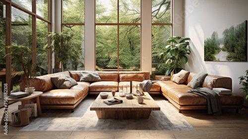 A modern living room with biophilic design featuring a cozy couch, a natural wood coffee table, and plenty of greenery