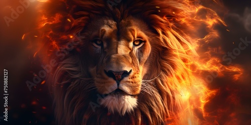 Closeup image of a majestic lion with flames emanating from its mane. Concept Lion Photography  Flame Effects  Close-up Shot  Majestic Wildlife Portrait