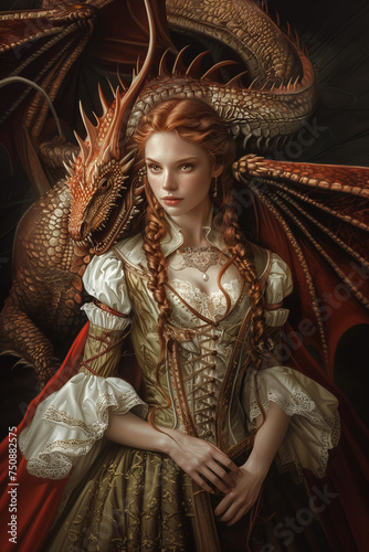 An illustration of a redhead girl in a medieval dress standing next to a dragon. The cover for a fantasy genre book.