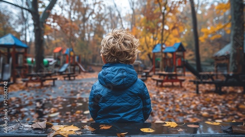  Child Sitting in Wet Autumn Park, Play Park 