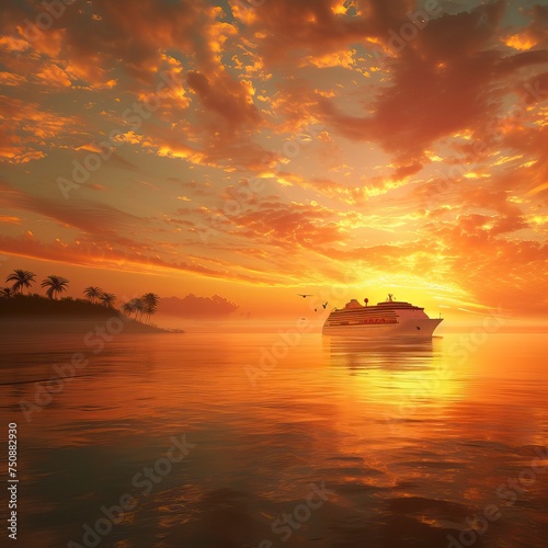 Luxury cruise ship sailing to sea on sunrise 