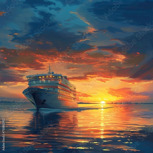 Luxury cruise ship sailing to sea on sunrise 