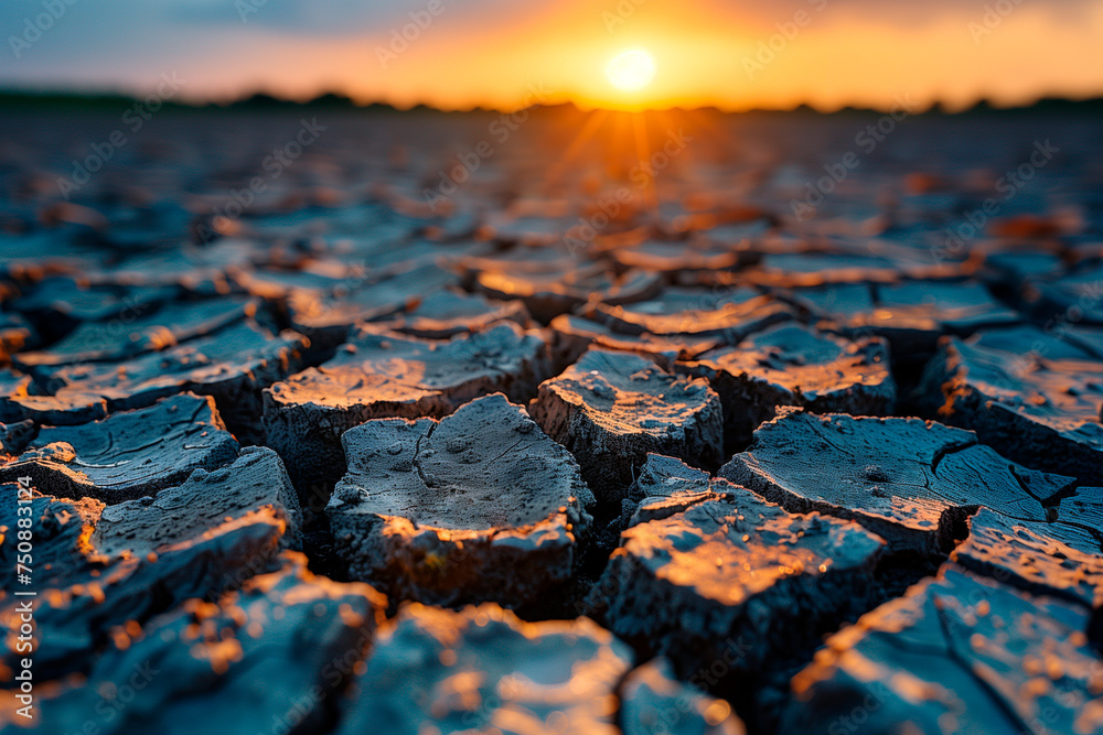 Sunset Over Cracked Earth in drought - obrazy, fototapety, plakaty 