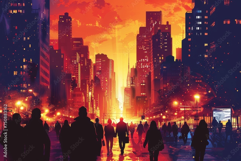 Vivid digital artwork of silhouetted people walking against a bustling cityscape with a radiant sunset and sparkling lights - obrazy, fototapety, plakaty 
